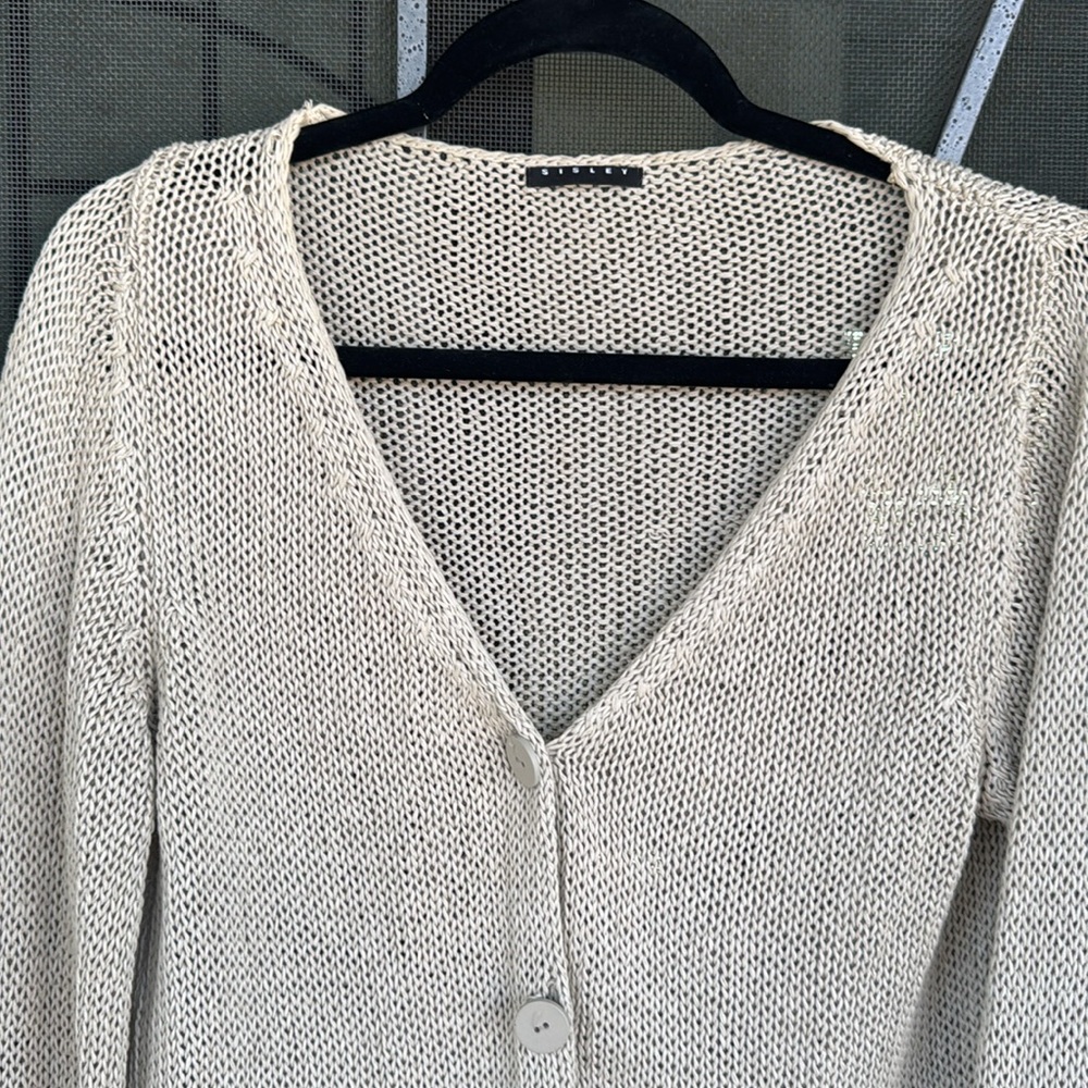 Sisley Cream Cardigan Sweater with Ribbed Texture. Made in Italy. - Picture 2 of 5